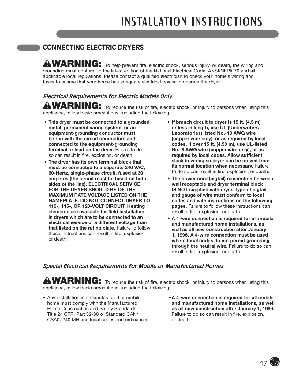 Wwarning, Connecting electric dryers | LG DLGX5966W User Manual | Page 17 / 88