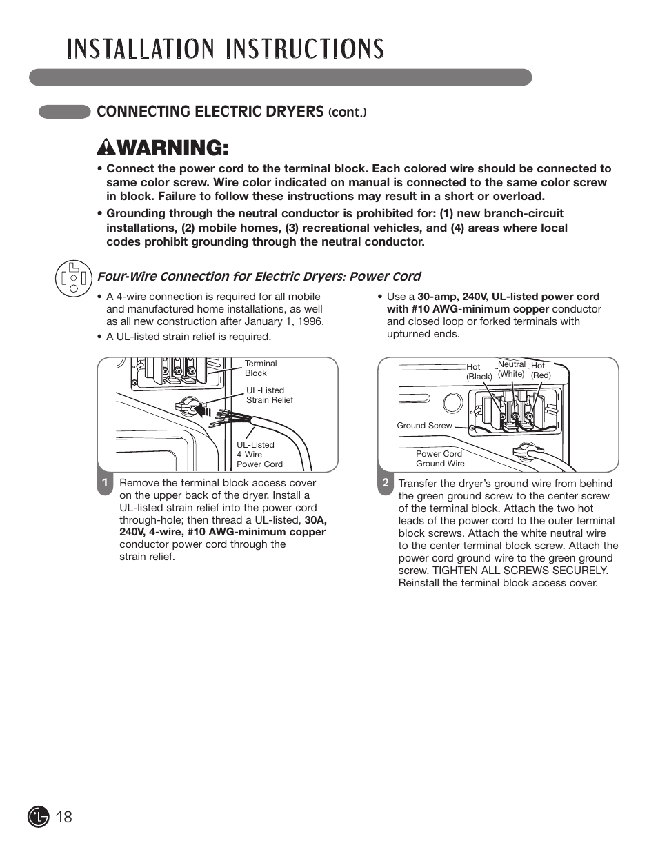 Wwarning, Connecting electric dryers | LG DLGX5966W User Manual | Page 18 / 88