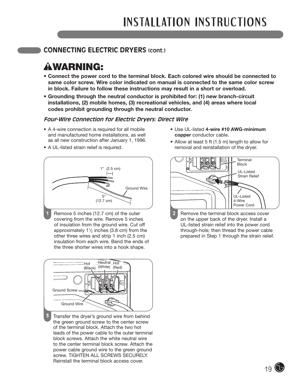 Wwarning, 1 connecting electric dryers | LG DLGX5966W User Manual | Page 19 / 88