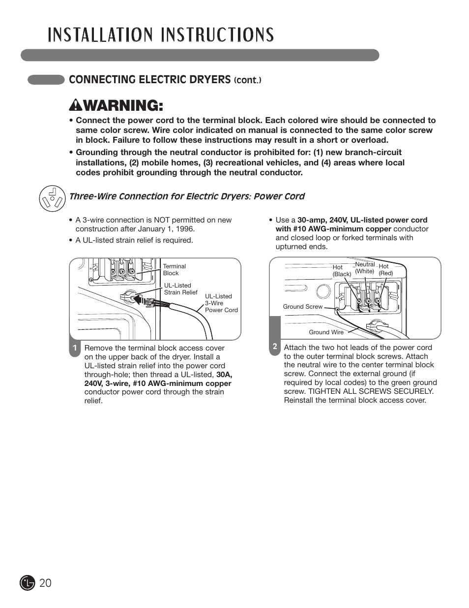 Wwarning, Connecting electric dryers | LG DLGX5966W User Manual | Page 20 / 88