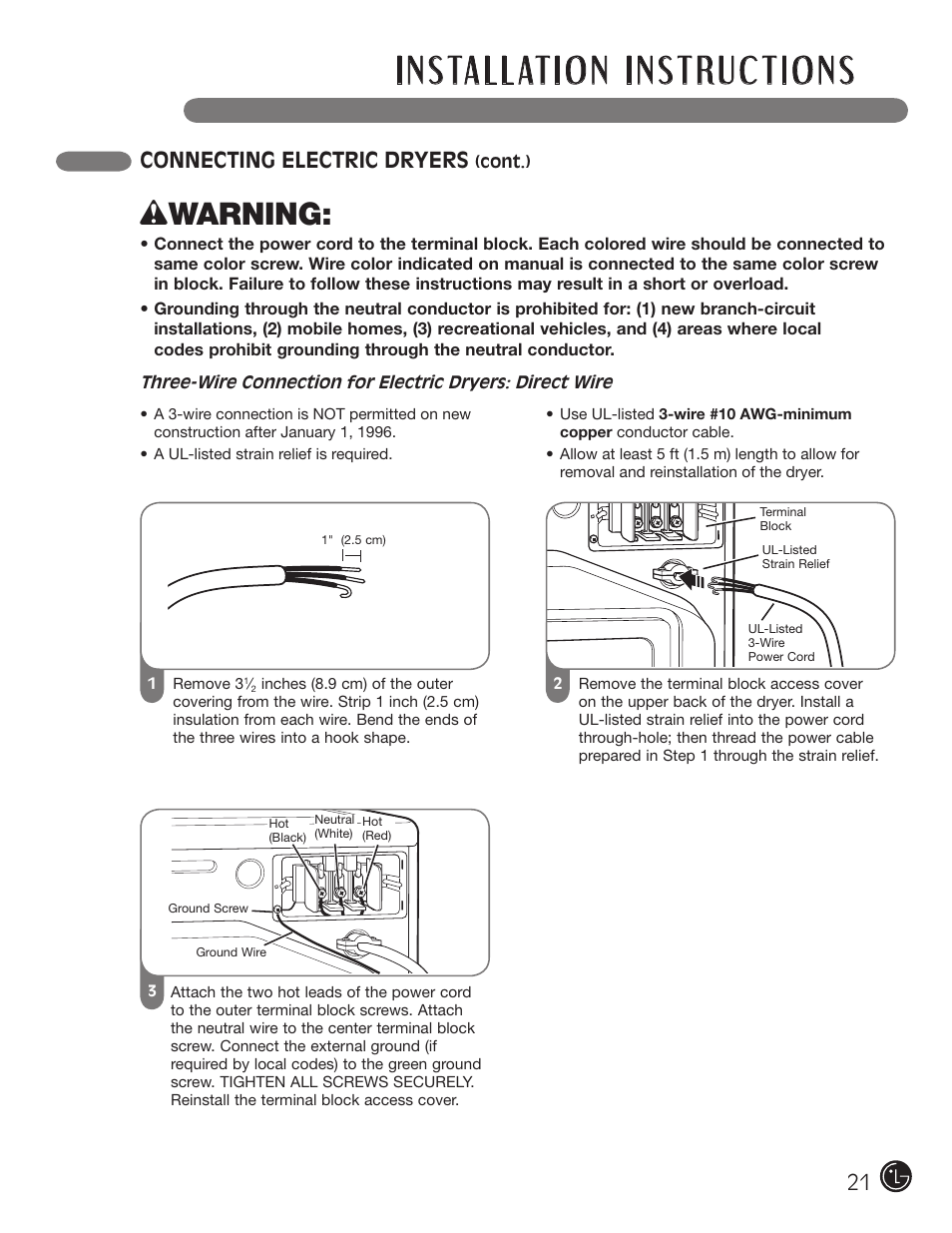 Wwarning, 1 connecting electric dryers | LG DLGX5966W User Manual | Page 21 / 88