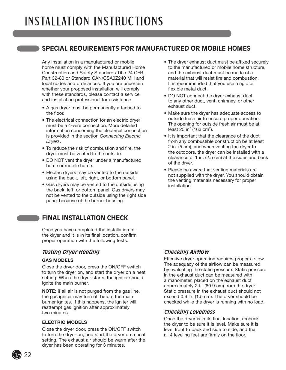 Final installation check | LG DLGX5966W User Manual | Page 22 / 88