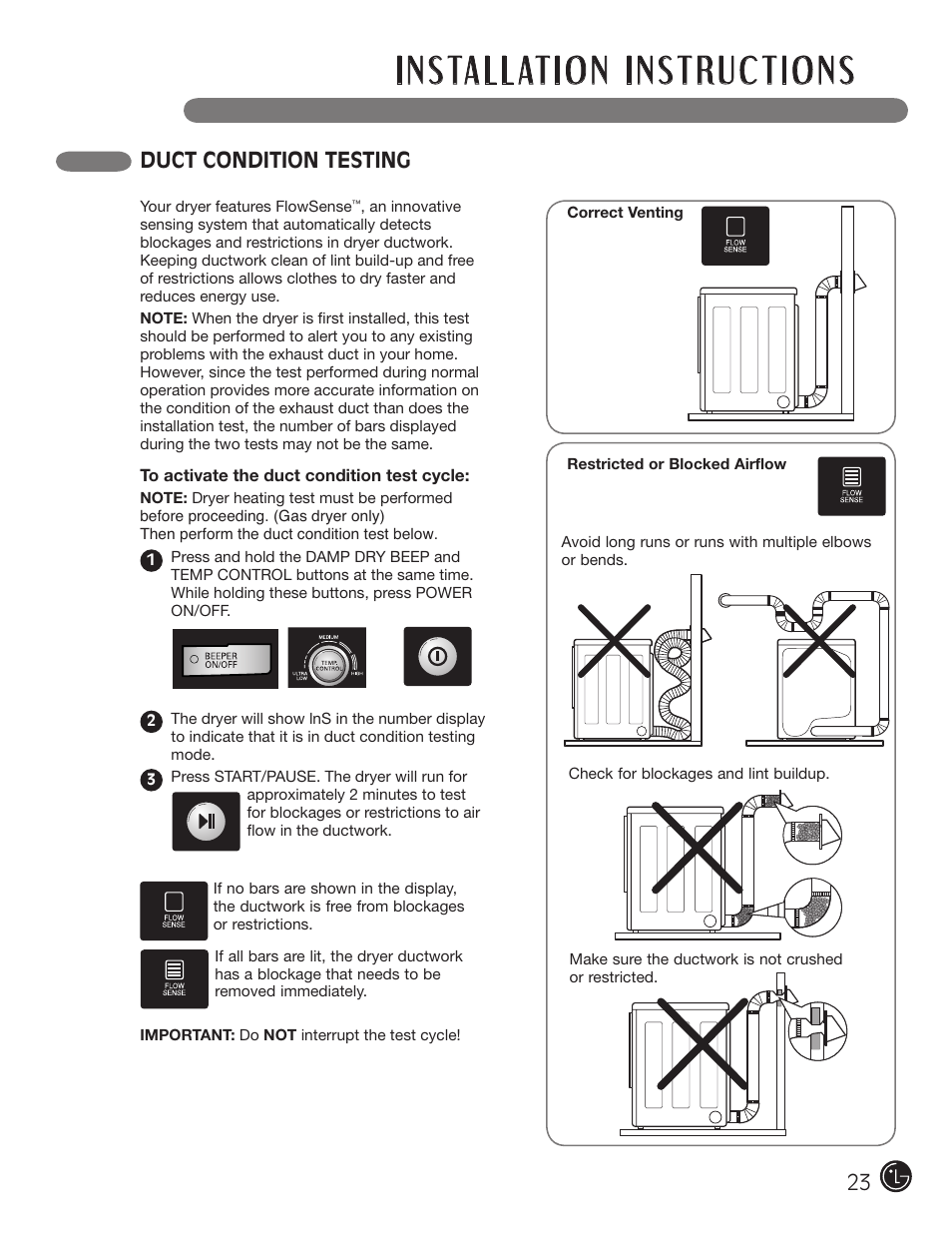 Duct condition testing | LG DLGX5966W User Manual | Page 23 / 88