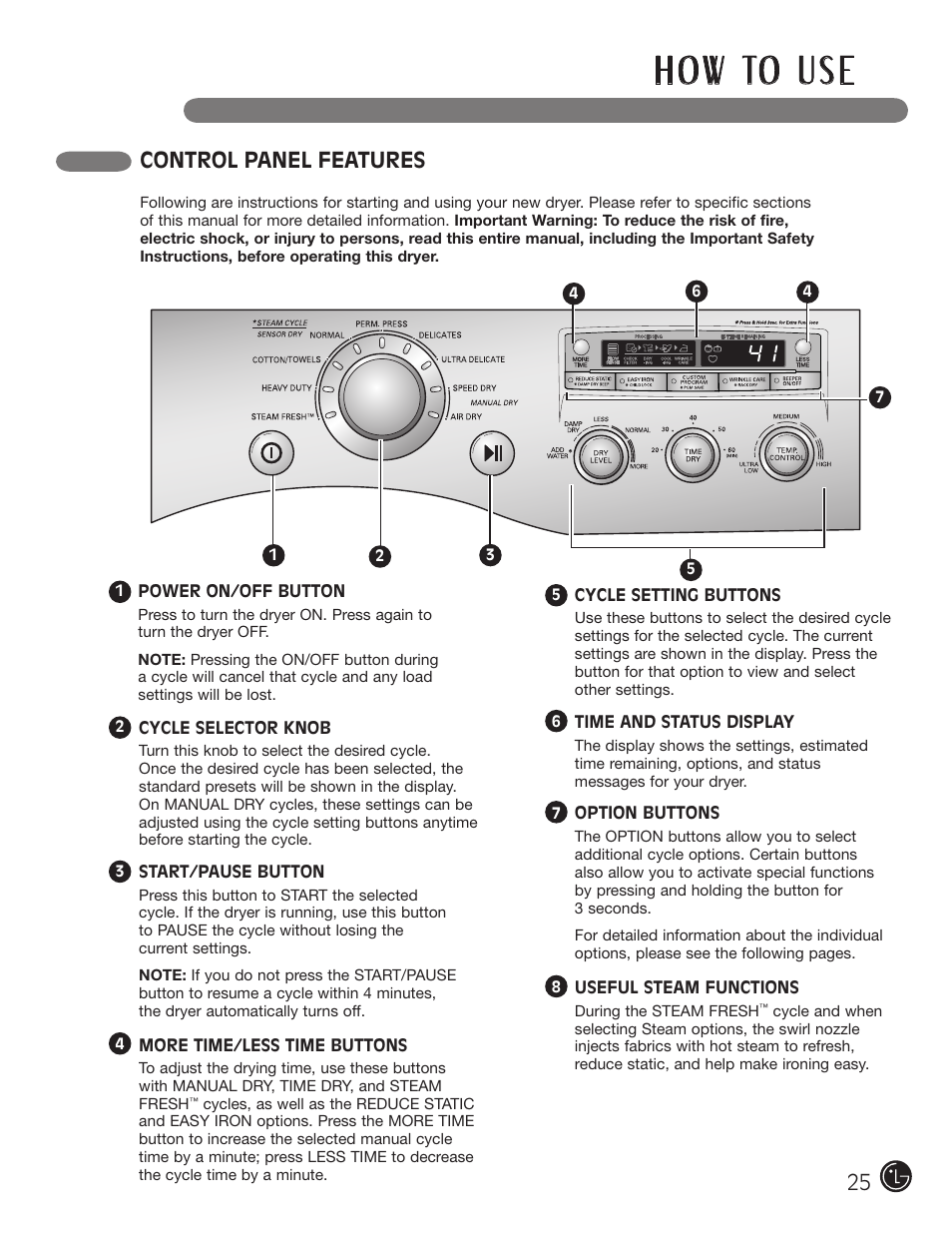 H o w to u s e, Control panel features | LG DLGX5966W User Manual | Page 25 / 88