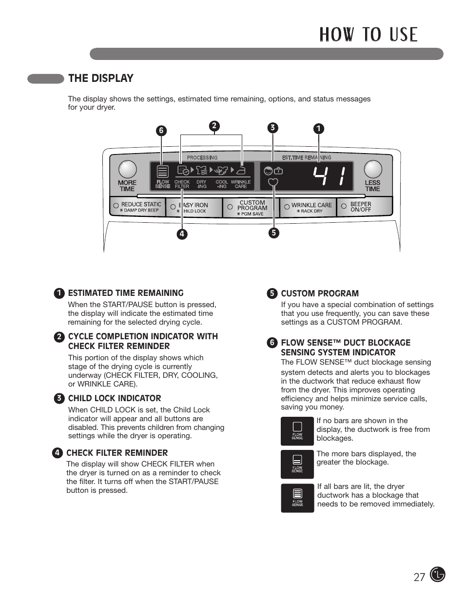 H o w to u s e, The display | LG DLGX5966W User Manual | Page 27 / 88