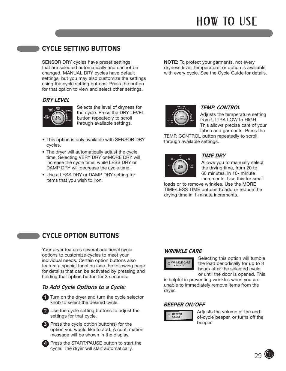 H o w to u s e, Cycle setting buttons, Cycle option buttons | LG DLGX5966W User Manual | Page 29 / 88