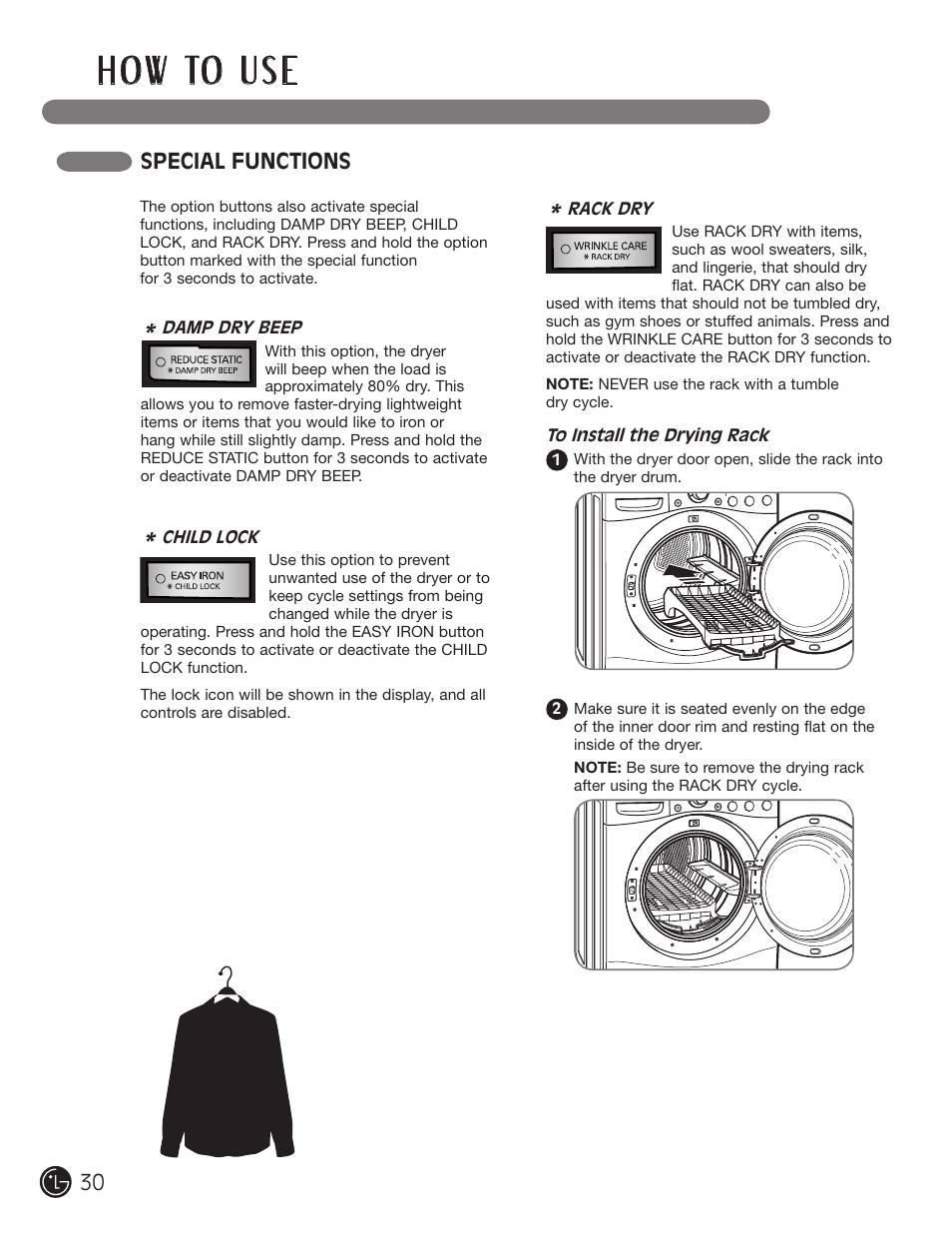 H o w to u s e, Special functions | LG DLGX5966W User Manual | Page 30 / 88