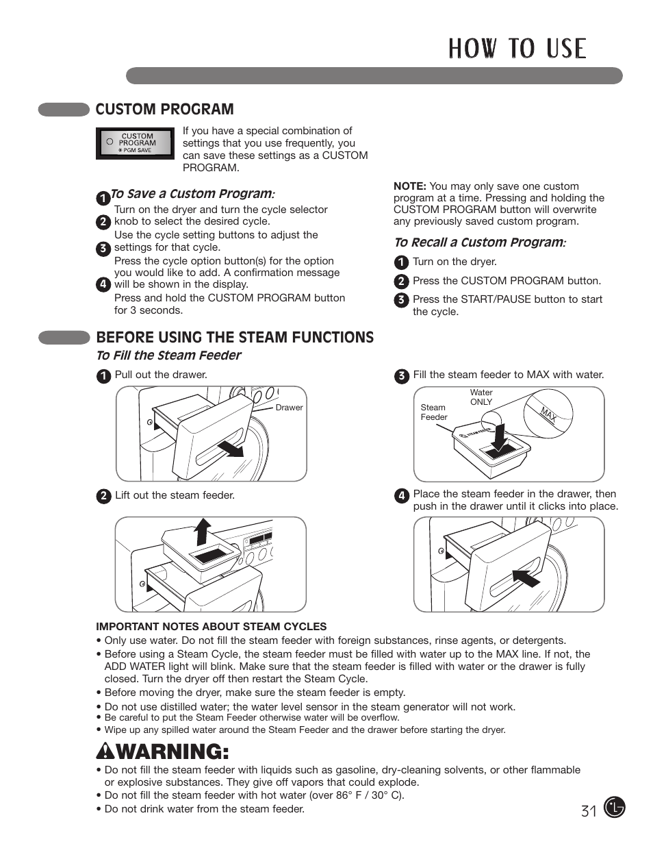 H o w to u s e, Wwarning, Custom program | Before using the steam functions | LG DLGX5966W User Manual | Page 31 / 88