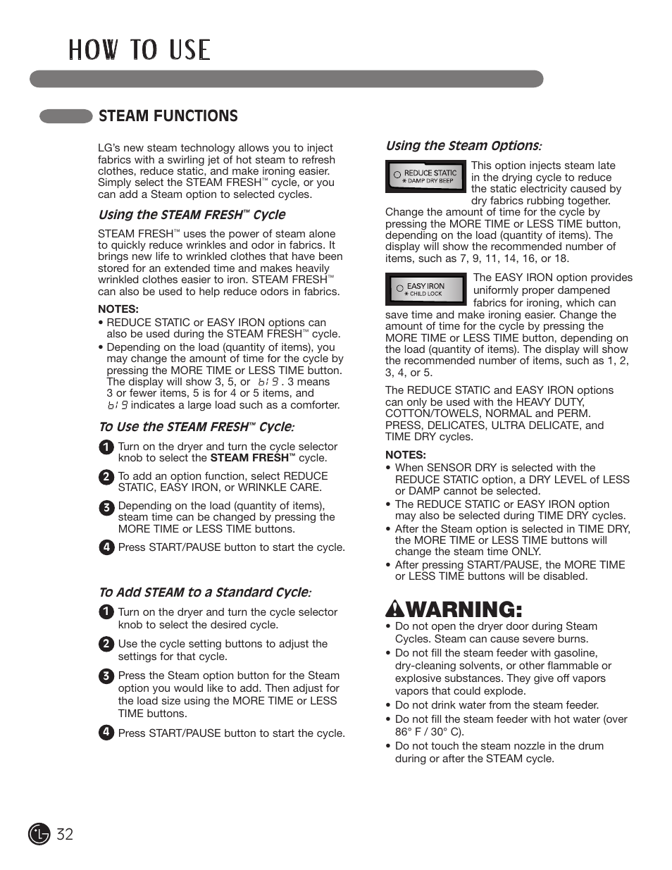 H o w to u s e, Wwarning, Steam functions | LG DLGX5966W User Manual | Page 32 / 88