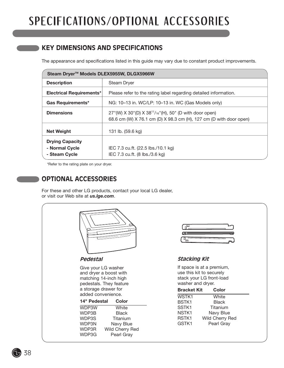 Key dimensions and specifications, Optional accessories | LG DLGX5966W User Manual | Page 38 / 88