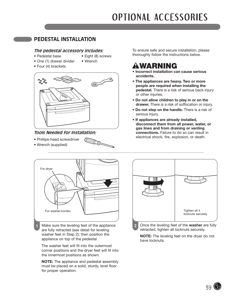 Wwarning, Pedestal installation | LG DLGX5966W User Manual | Page 39 / 88