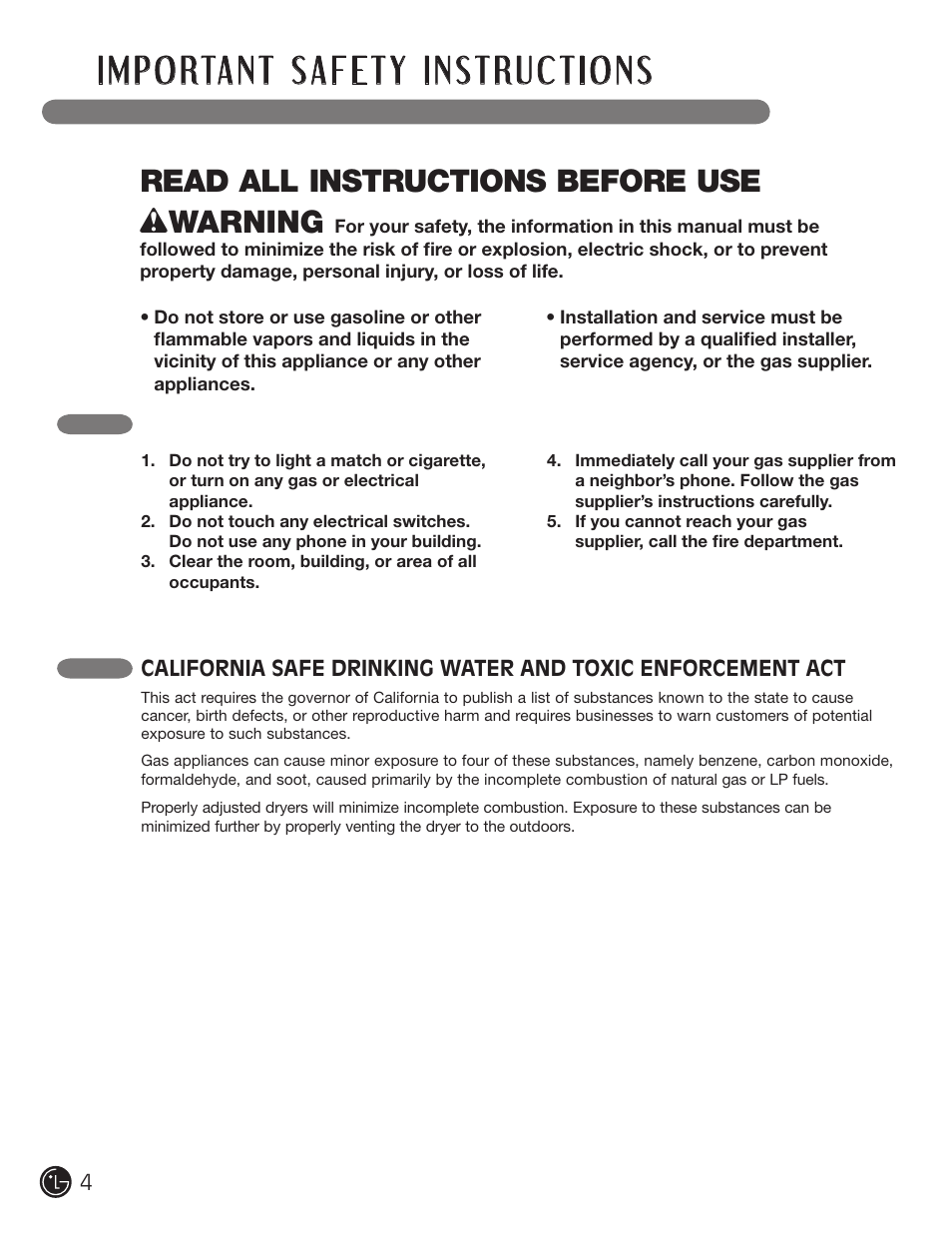 Read all instructions before use w warning, What to do if you smell gas | LG DLGX5966W User Manual | Page 4 / 88