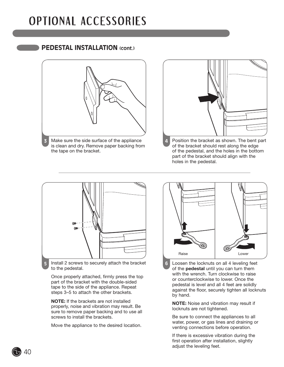 Pedestal installation | LG DLGX5966W User Manual | Page 40 / 88
