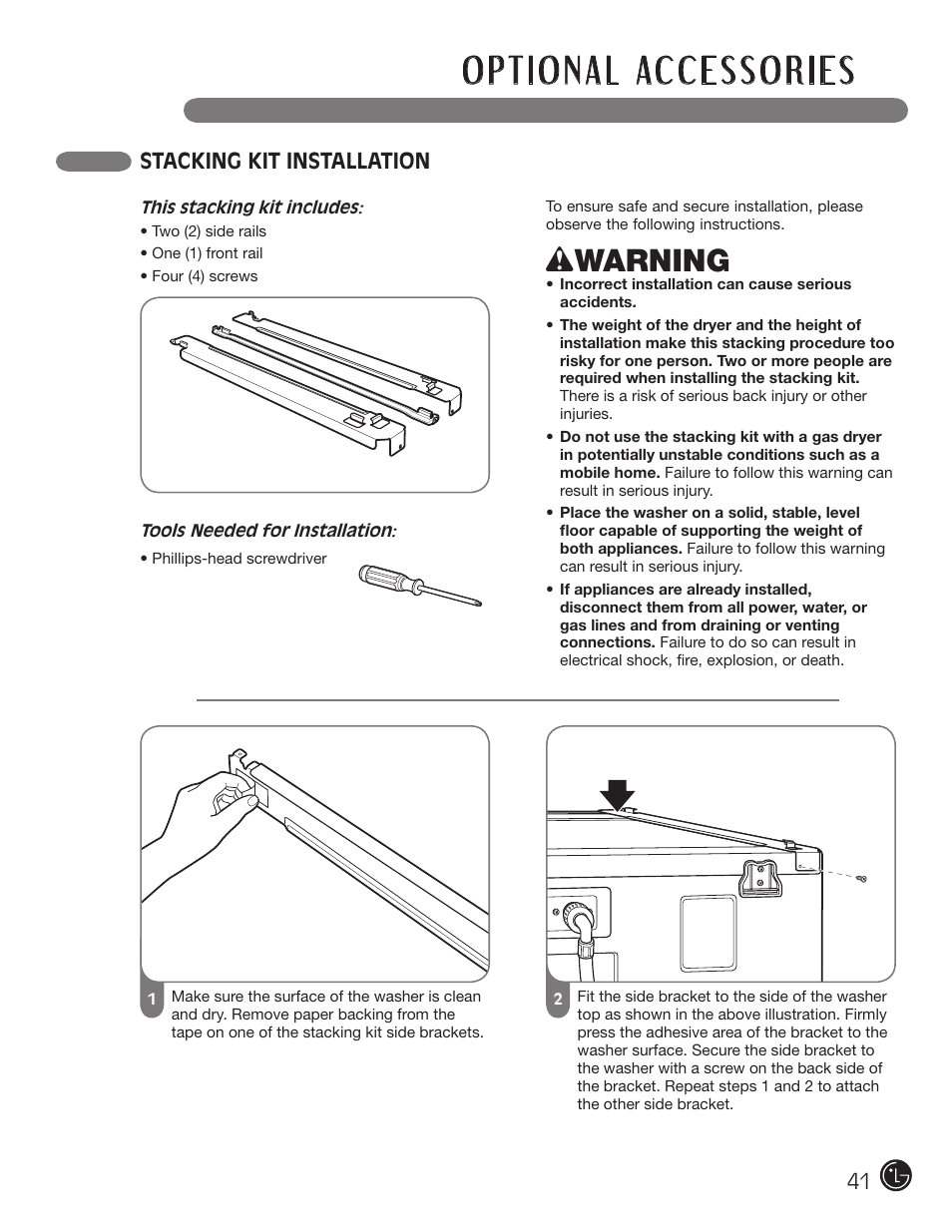 Wwarning, Stacking kit installation | LG DLGX5966W User Manual | Page 41 / 88