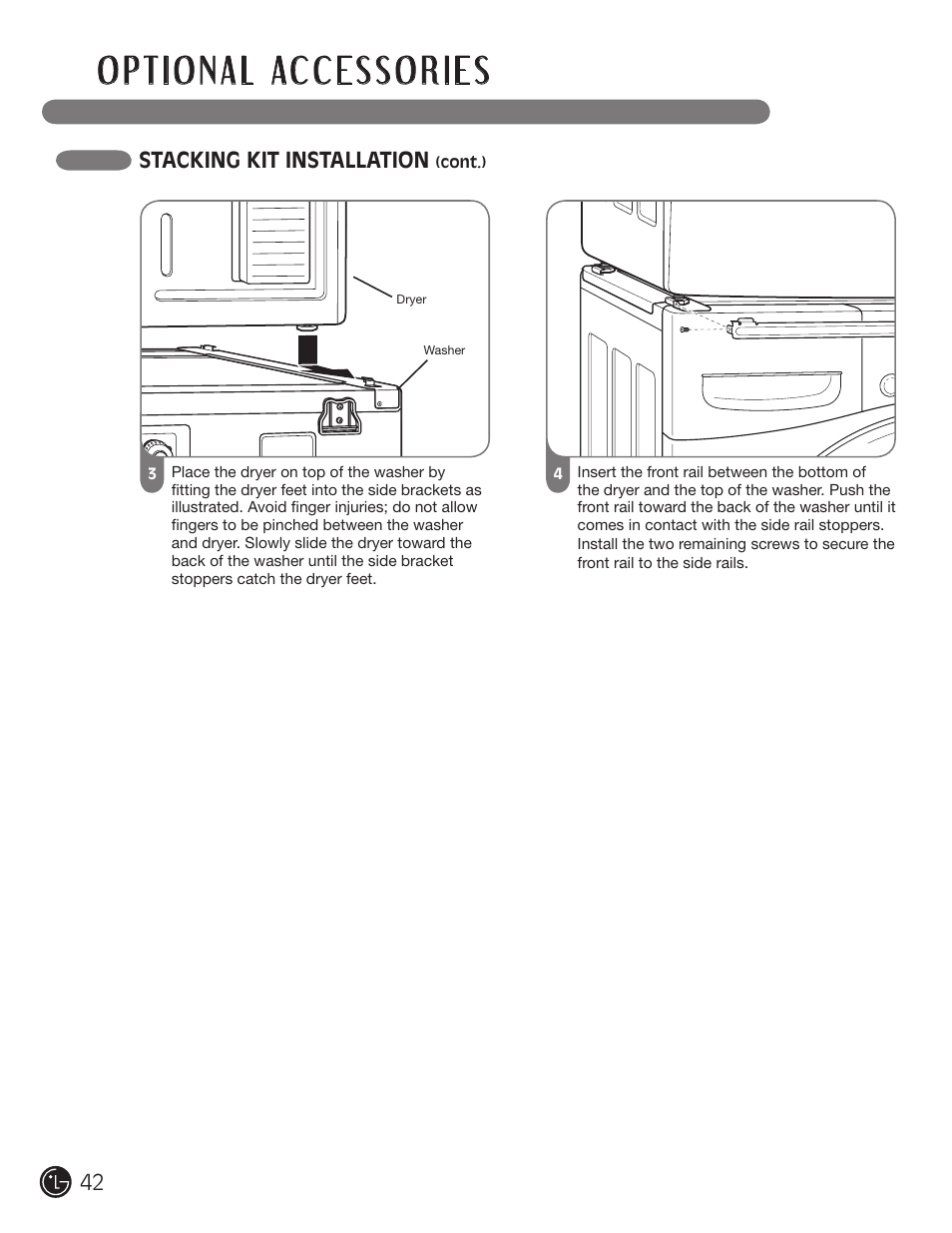 Stacking kit installation | LG DLGX5966W User Manual | Page 42 / 88