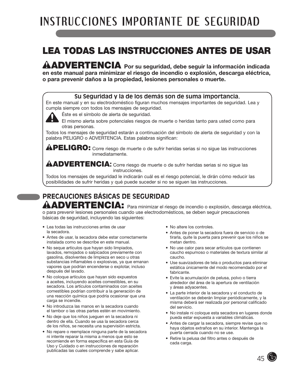 Lea todas las instrucciones antes de usar, Wpeligro, Wadvertencia | Precauciones básicas de seguridad | LG DLGX5966W User Manual | Page 45 / 88