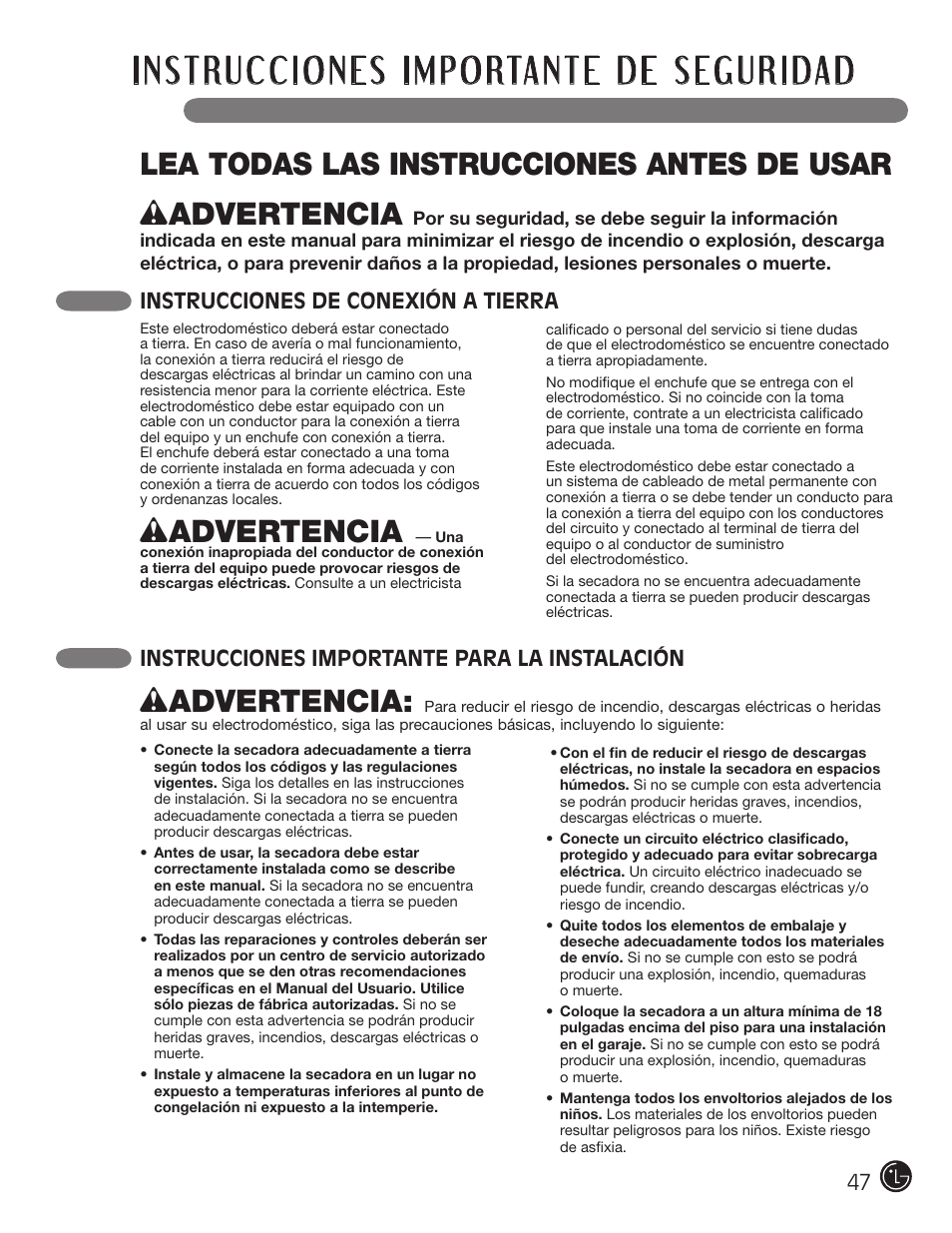 Wadvertencia, Instrucciones de conexión a tierra, Instrucciones importante para la instalación | LG DLGX5966W User Manual | Page 47 / 88