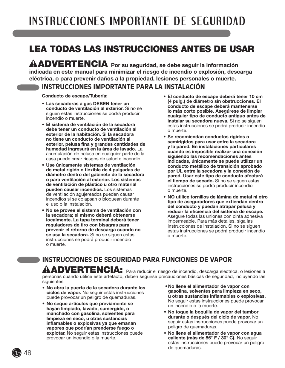 Wadvertencia | LG DLGX5966W User Manual | Page 48 / 88