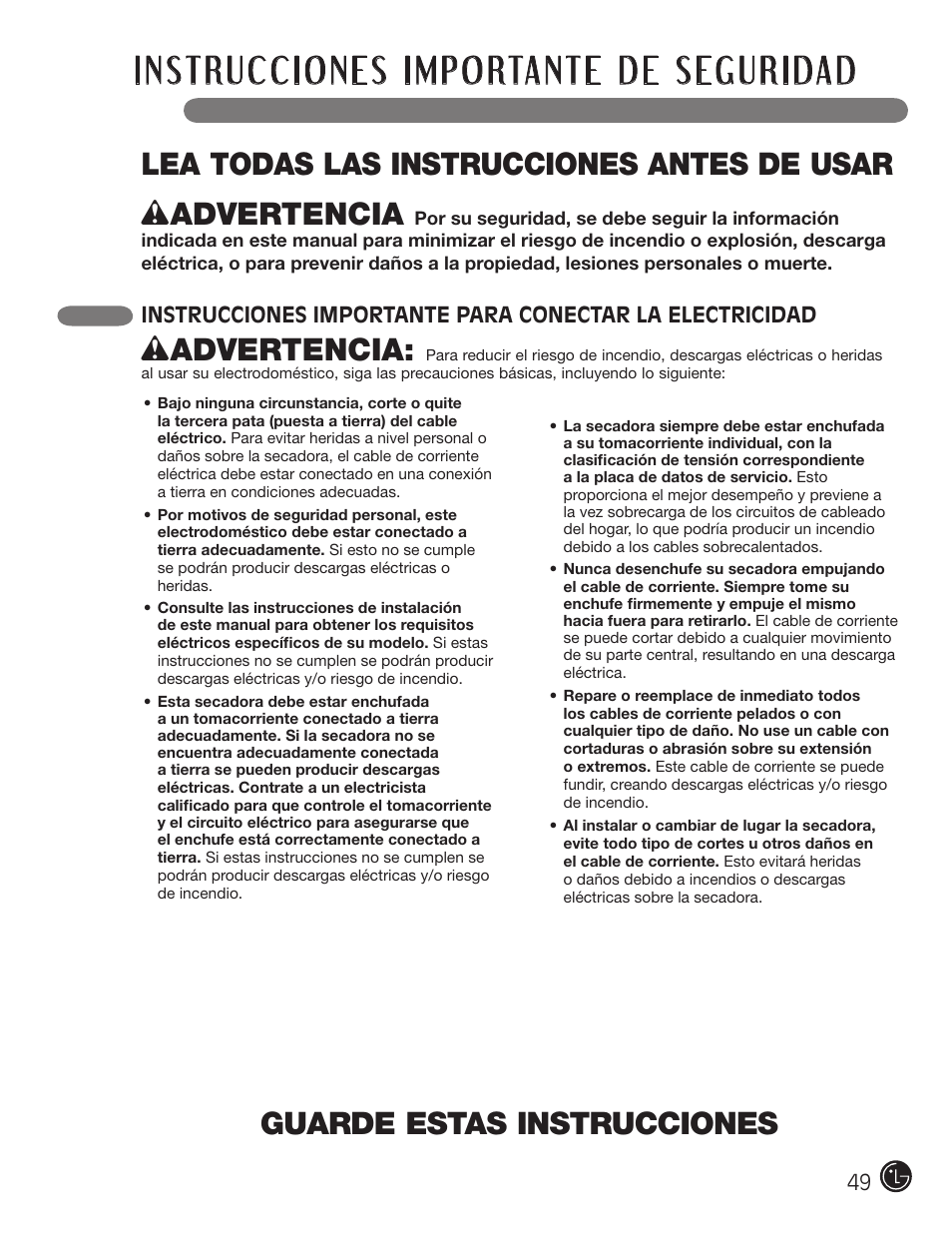 Guarde estas instrucciones, Wadvertencia | LG DLGX5966W User Manual | Page 49 / 88