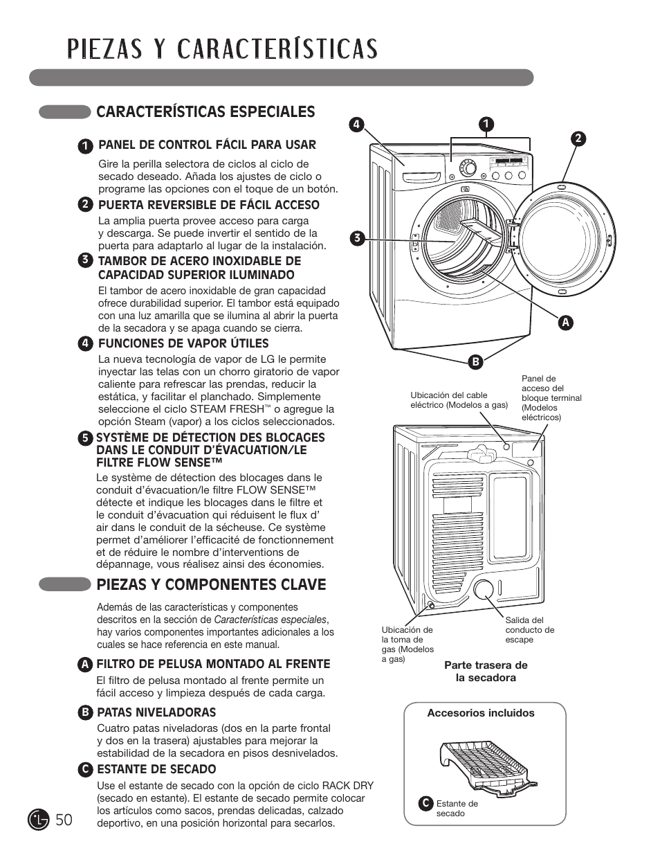 Características especiales, Piezas y componentes clave | LG DLGX5966W User Manual | Page 50 / 88