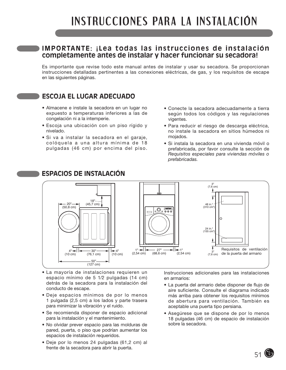 Escoja el lugar adecuado, Espacios de instalación | LG DLGX5966W User Manual | Page 51 / 88