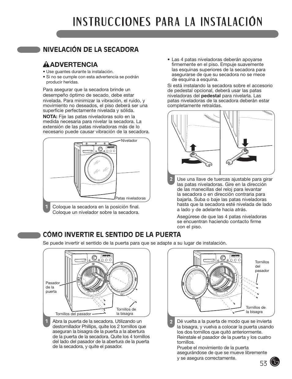 Nivelación de la secadora, Cómo invertir el sentido de la puerta, Advertencia | LG DLGX5966W User Manual | Page 53 / 88