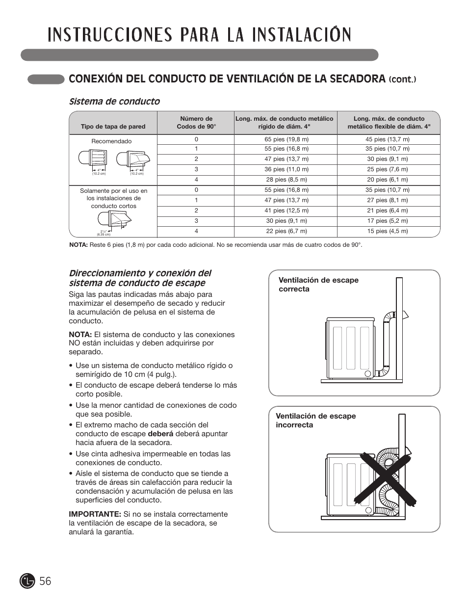 Cont.), Sistema de conducto | LG DLGX5966W User Manual | Page 56 / 88