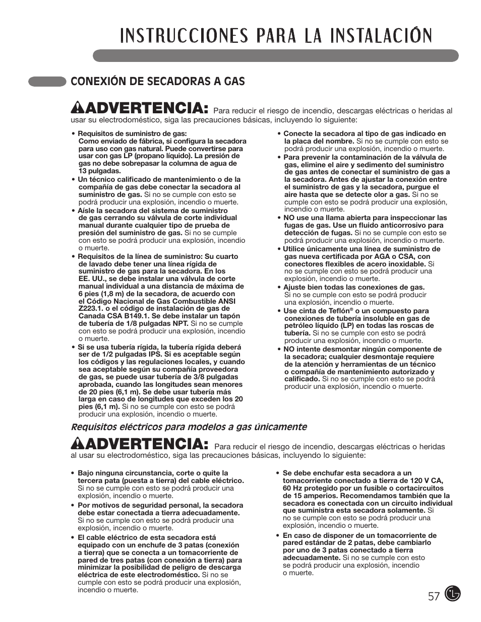 Wadvertencia, 57 conexión de secadoras a gas | LG DLGX5966W User Manual | Page 57 / 88