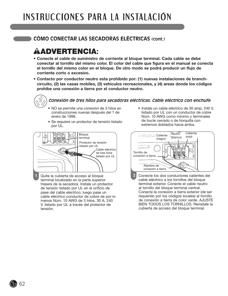 Wadvertencia, Cómo conectar las secadoras eléctricas | LG DLGX5966W User Manual | Page 62 / 88