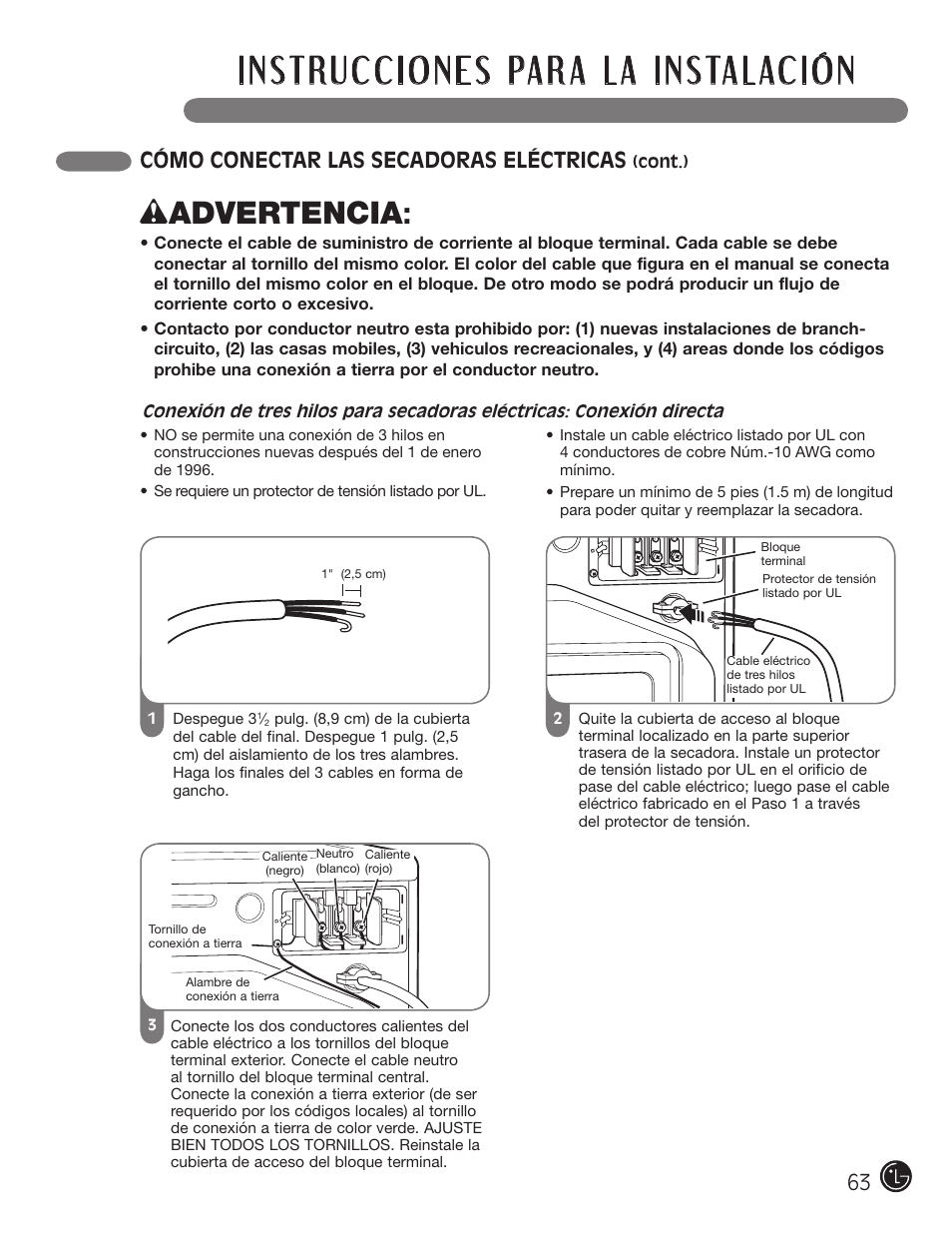 Wadvertencia, Cómo conectar las secadoras eléctricas | LG DLGX5966W User Manual | Page 63 / 88