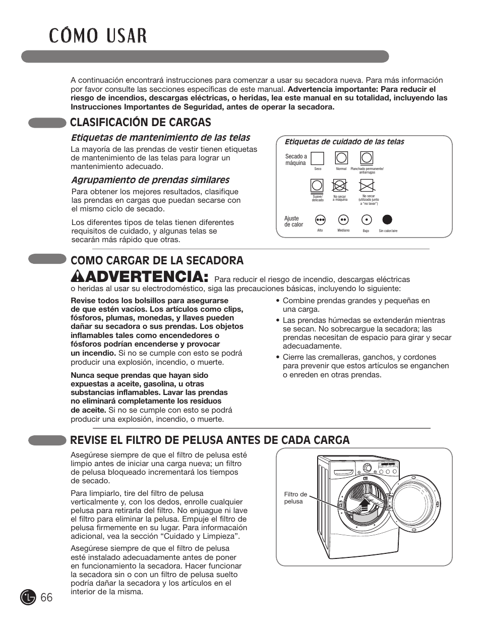 Wadvertencia, Como cargar de la secadora, Clasificación de cargas | Revise el filtro de pelusa antes de cada carga | LG DLGX5966W User Manual | Page 66 / 88