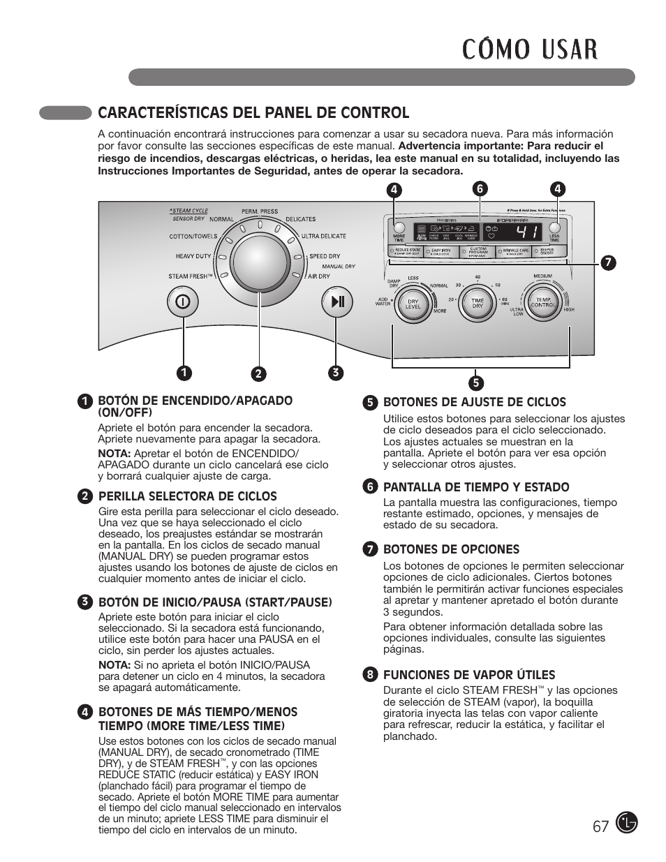 Características del panel de control | LG DLGX5966W User Manual | Page 67 / 88