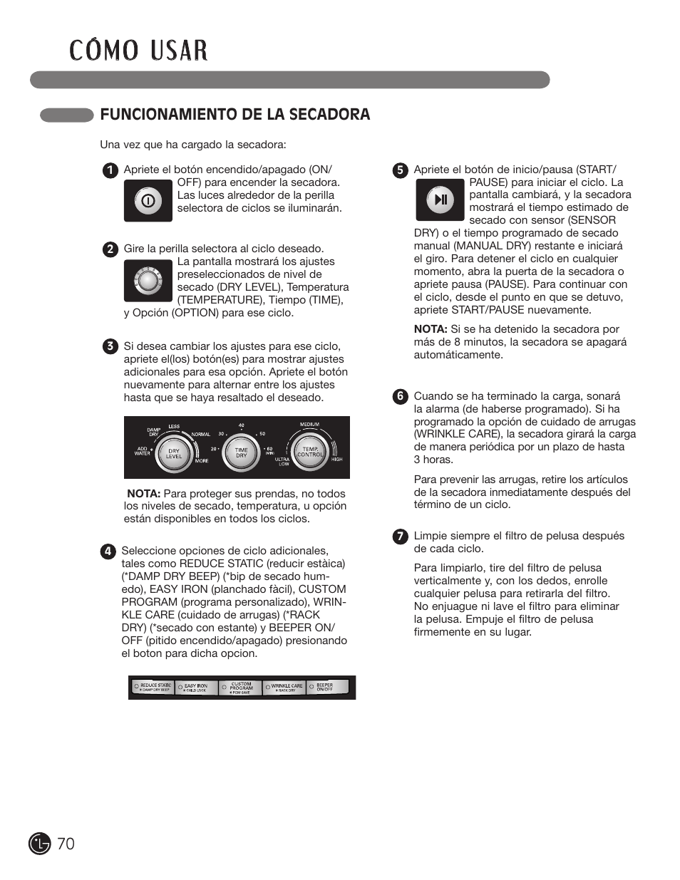 Funcionamiento de la secadora | LG DLGX5966W User Manual | Page 70 / 88