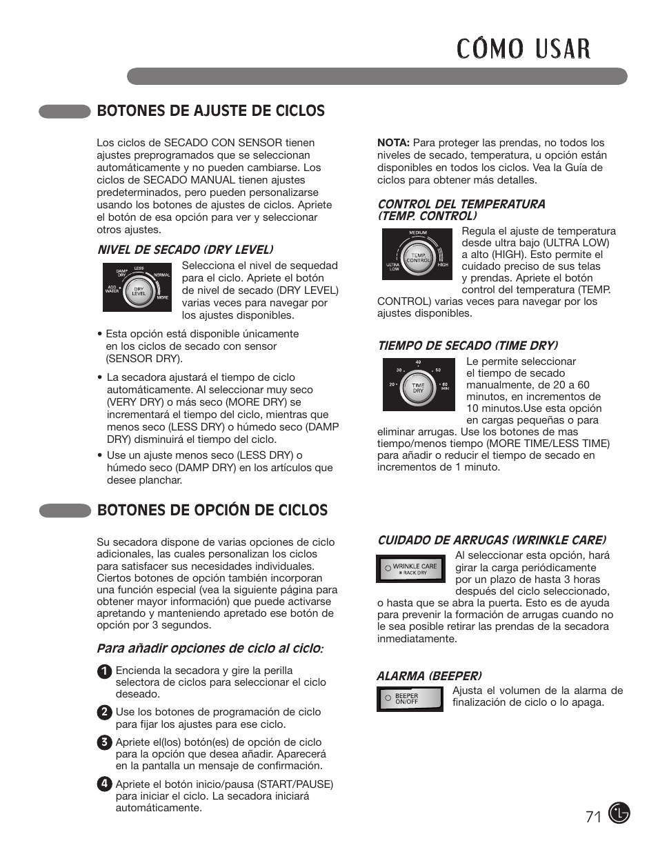 Botones de ajuste de ciclos, Botones de opción de ciclos | LG DLGX5966W User Manual | Page 71 / 88