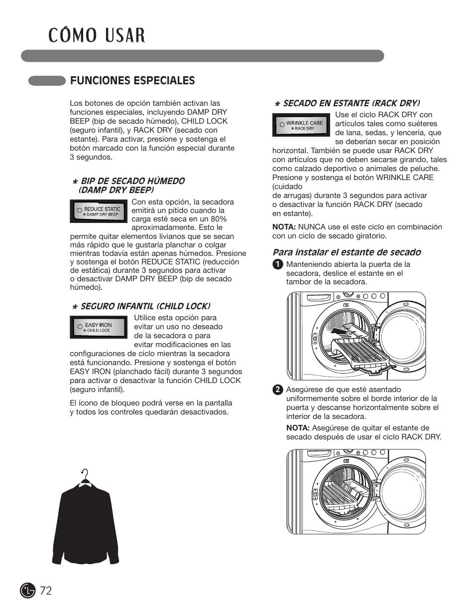 Funciones especiales | LG DLGX5966W User Manual | Page 72 / 88