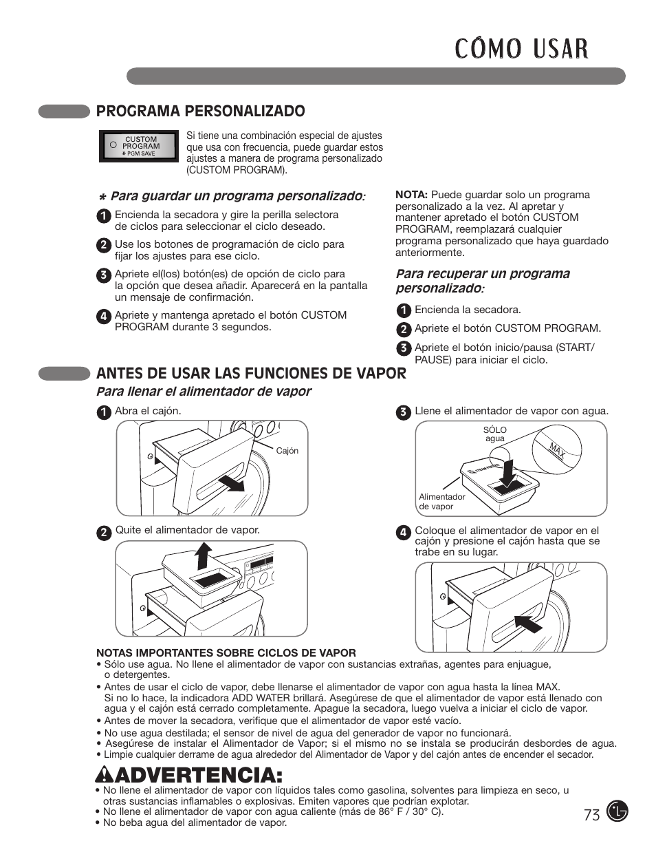 Wadvertencia, Programa personalizado, Antes de usar las funciones de vapor | LG DLGX5966W User Manual | Page 73 / 88