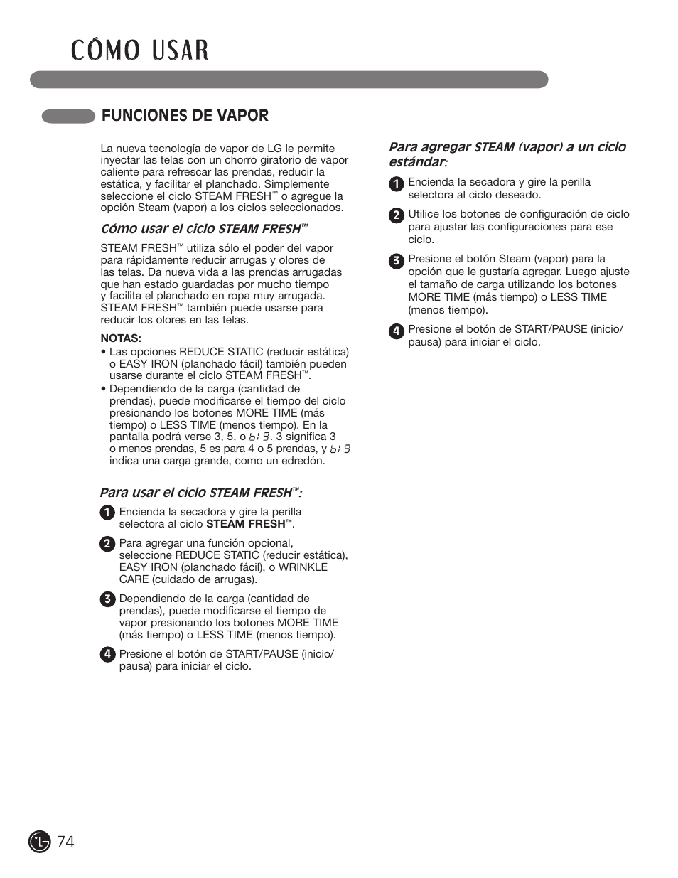 Funciones de vapor | LG DLGX5966W User Manual | Page 74 / 88