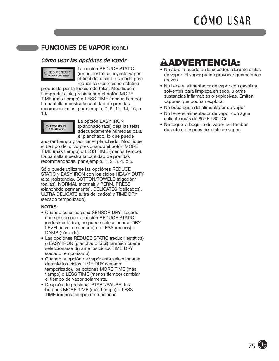 Wadvertencia, Funciones de vapor | LG DLGX5966W User Manual | Page 75 / 88