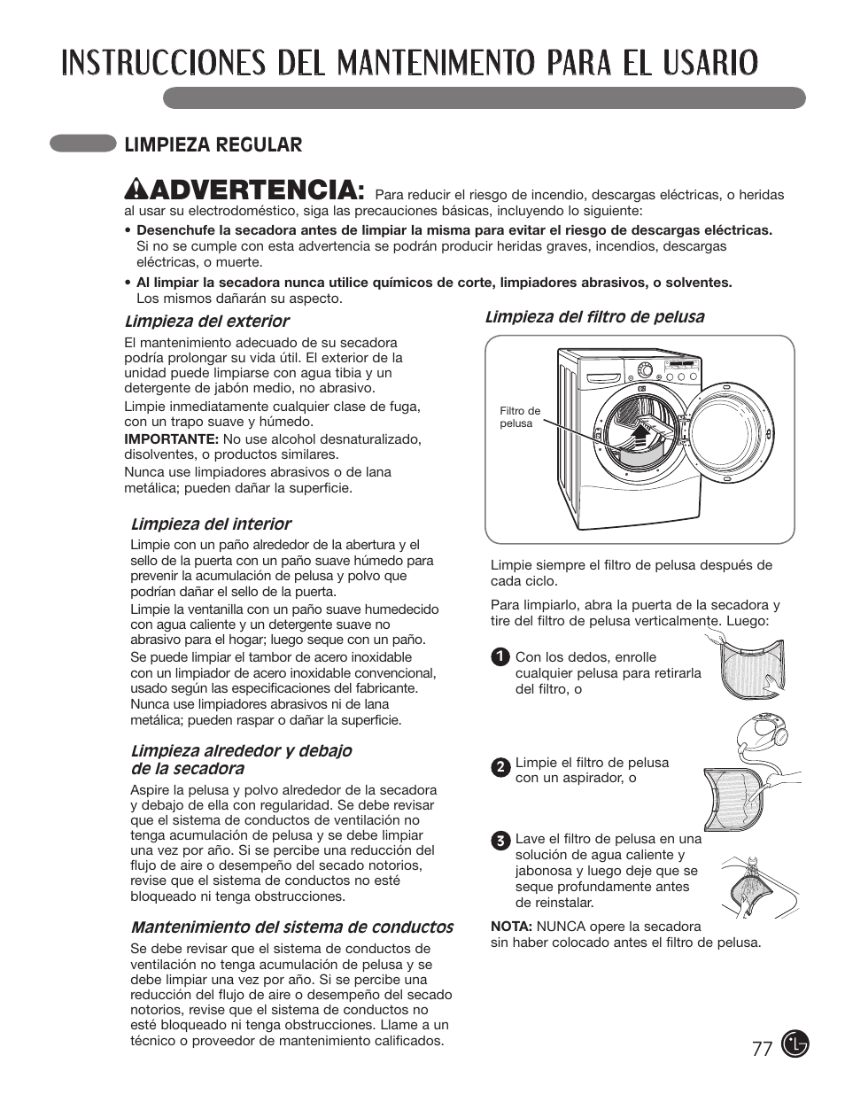 Instrucciones del mantenimento para el usario, Wadvertencia, Limpieza regular | LG DLGX5966W User Manual | Page 77 / 88