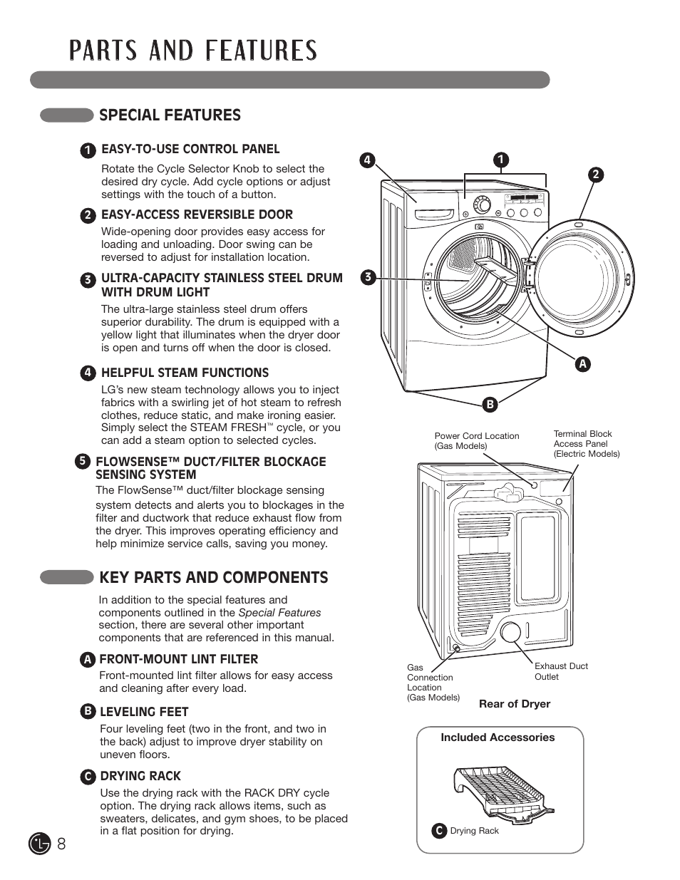 Special features key parts and components | LG DLGX5966W User Manual | Page 8 / 88