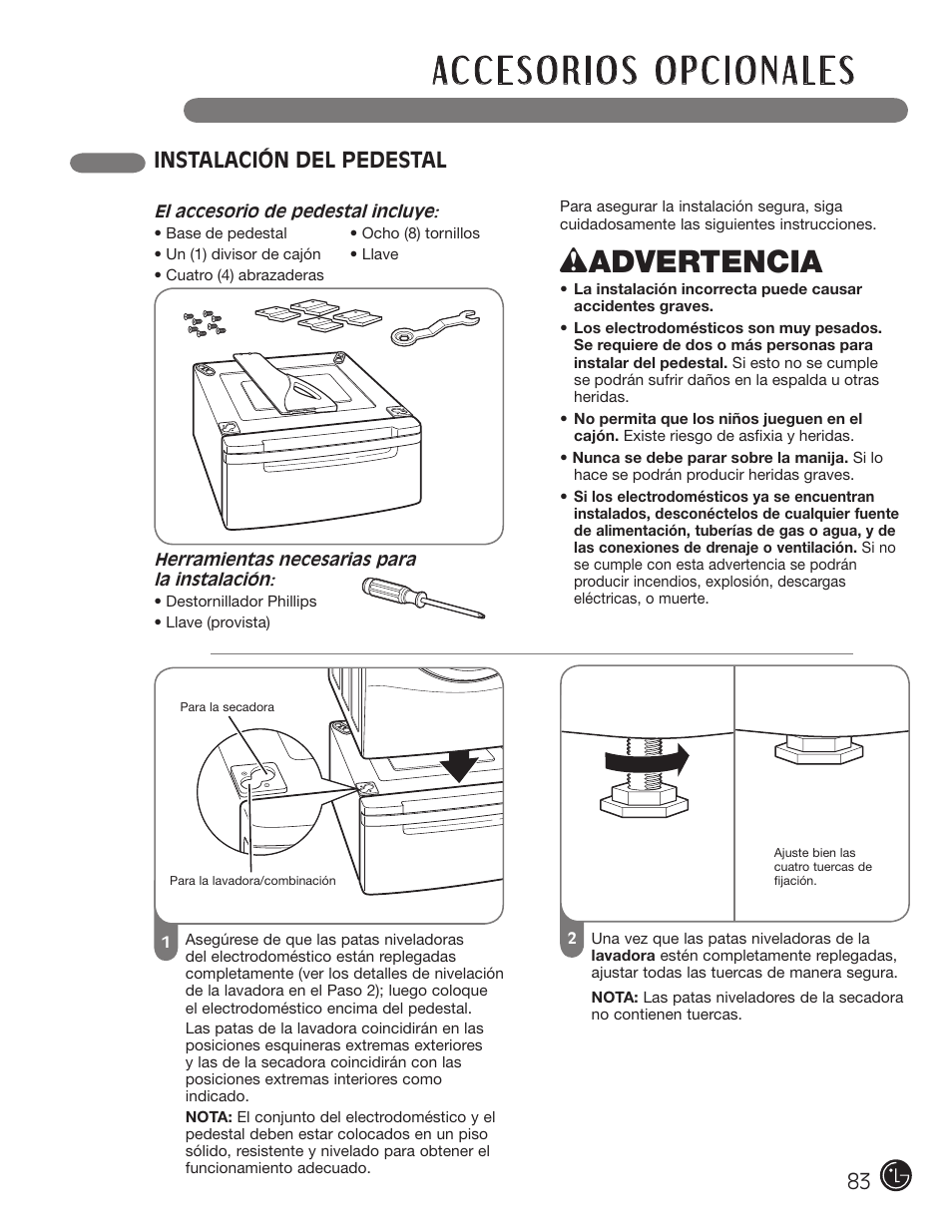 Wadvertencia, Instalación del pedestal | LG DLGX5966W User Manual | Page 83 / 88