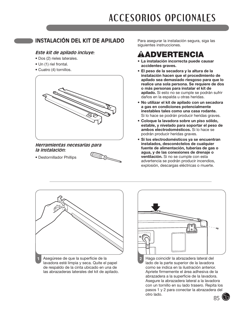 Wadvertencia, Instalación del kit de apilado | LG DLGX5966W User Manual | Page 85 / 88