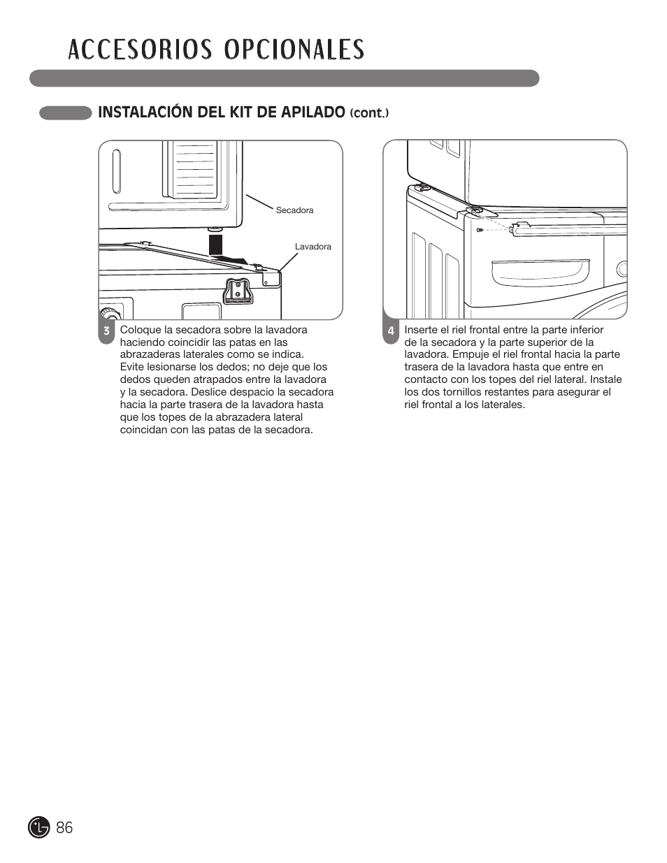 Instalación del kit de apilado | LG DLGX5966W User Manual | Page 86 / 88