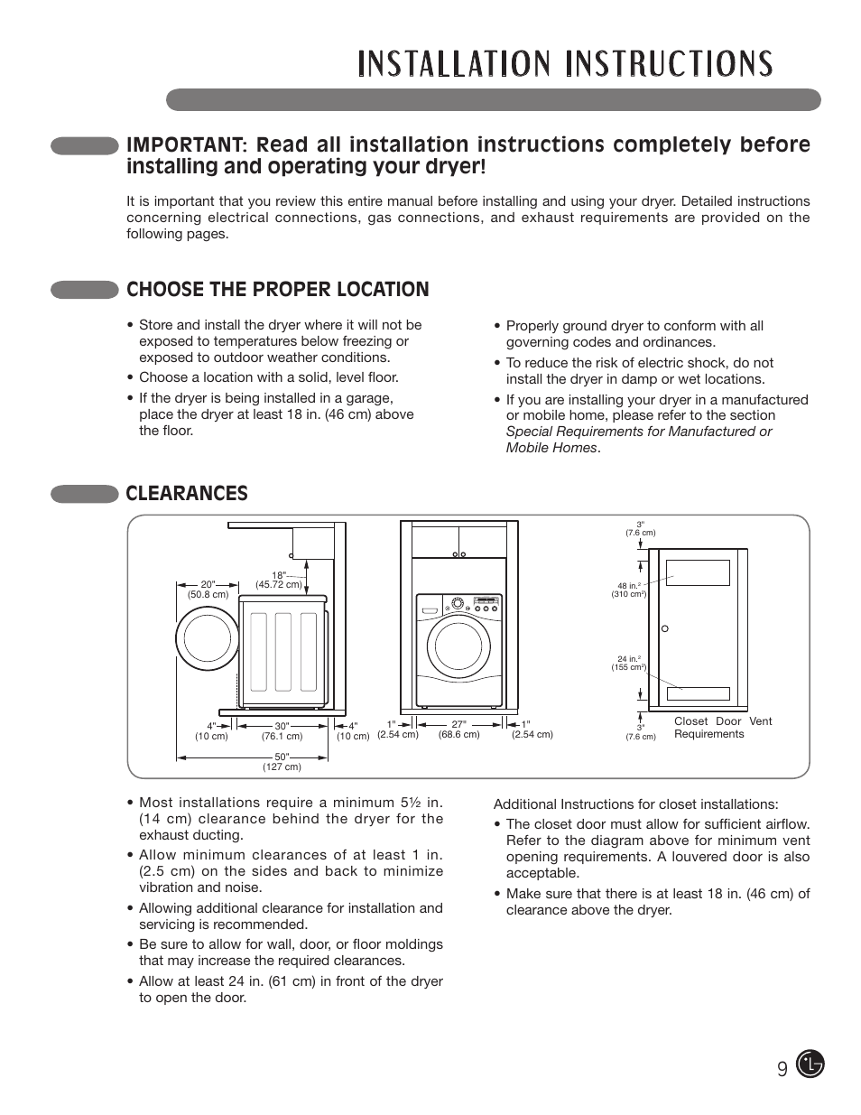 Choose the proper location, Clearances | LG DLGX5966W User Manual | Page 9 / 88