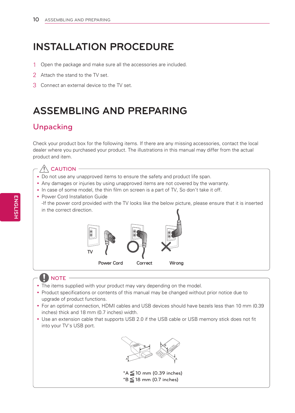 Installation procedure, Assembling and preparing, Unpacking | 10 installation procedure, 10 assembling and preparing | LG 42CS570 User Manual | Page 10 / 79