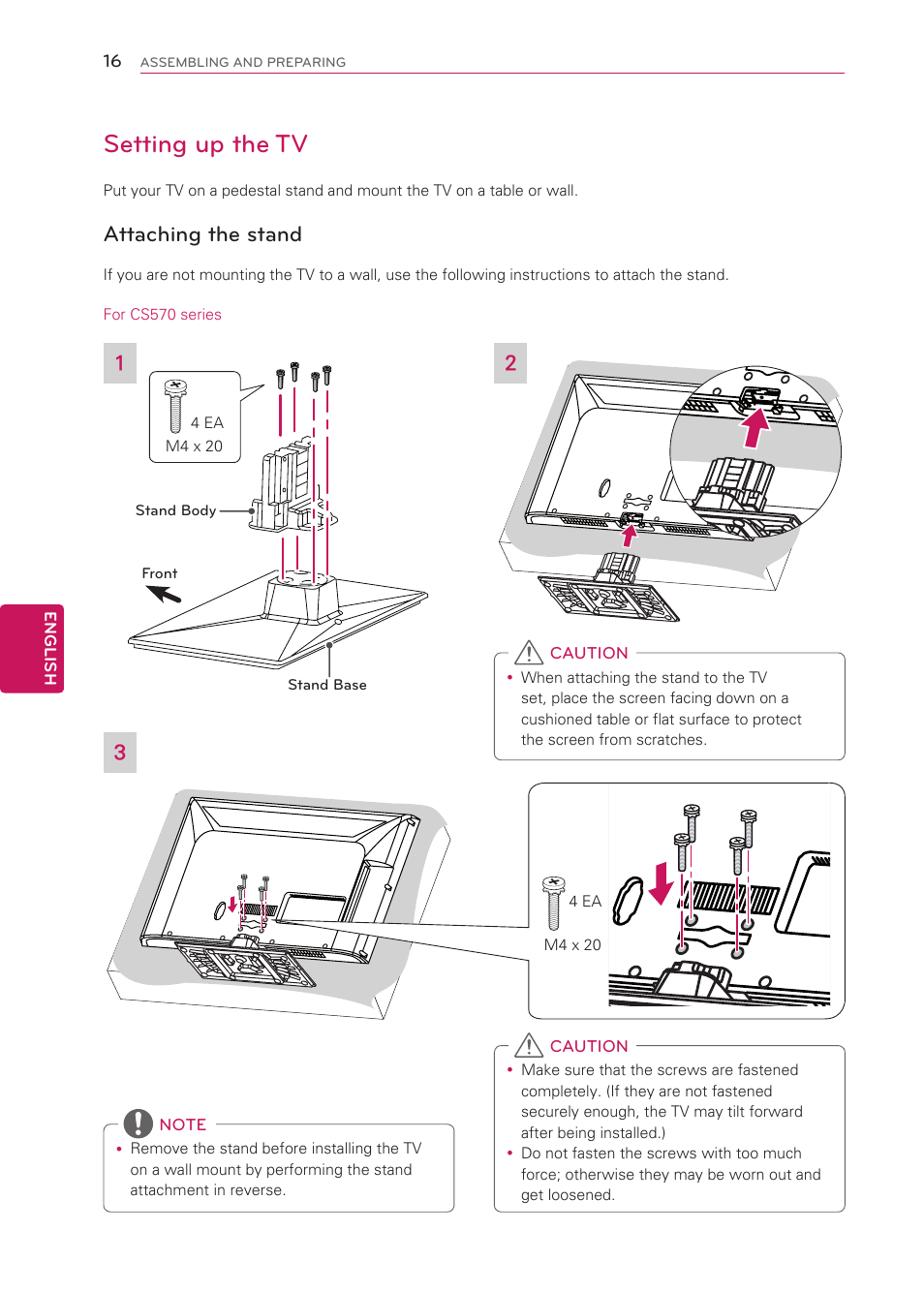 Setting up the tv, Attaching the stand, See p.16) | LG 42CS570 User Manual | Page 16 / 79