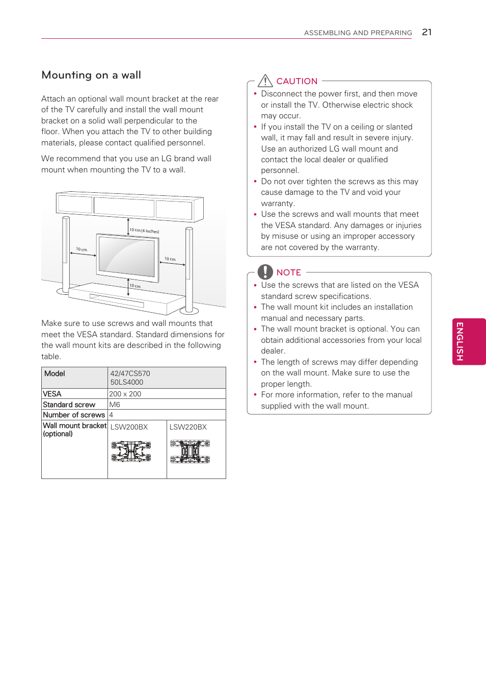 Mounting on a wall | LG 42CS570 User Manual | Page 21 / 79