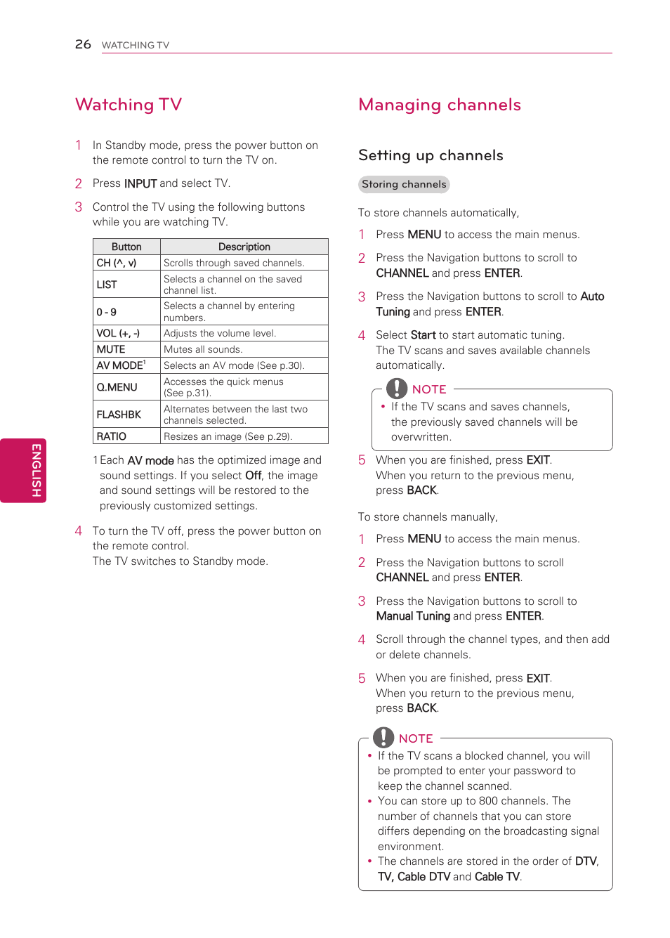 Watching tv, Managing channels, Setting up channels | LG 42CS570 User Manual | Page 26 / 79
