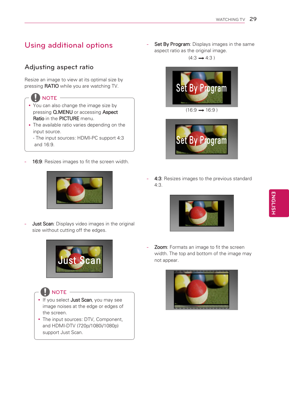 Using additional options, Adjusting aspect ratio, See p.29) | Just scan, Set by program | LG 42CS570 User Manual | Page 29 / 79