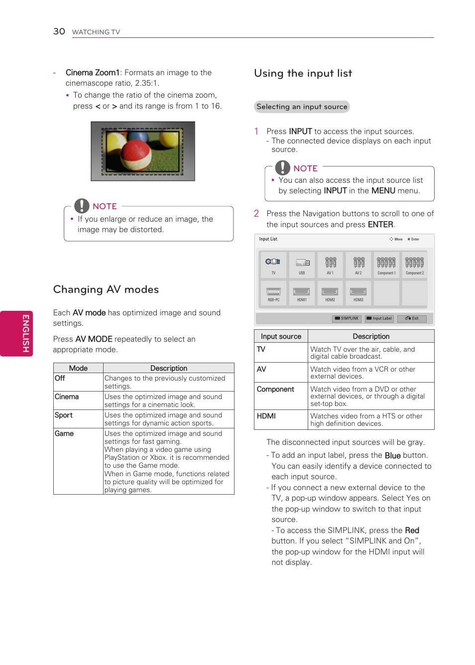 Changing av modes, Using the input list, See p.30) | LG 42CS570 User Manual | Page 30 / 79